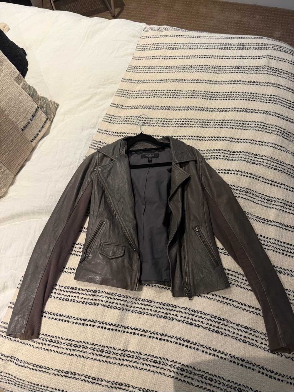 Muubaa Two-Tone Gray Leather Moto Jacket